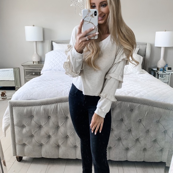 Ruffle Oatmeal Long Sleeve Detail Loose Top - Picture 5 of 11